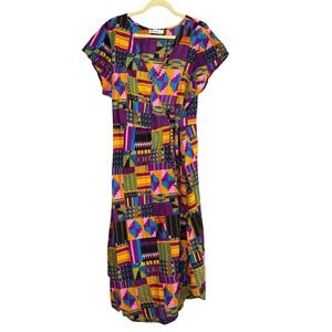 Lapogee Wrap Dress Women 3X Boho Geometric Patchwork Multicolor Cotton V-Neck